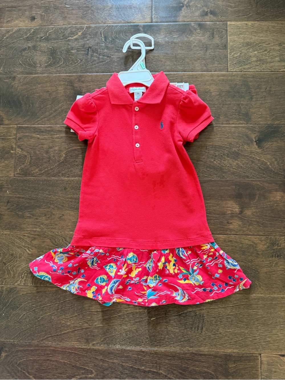 Ralph Lauren Red Polo Dress with Floral Ruffle Hem